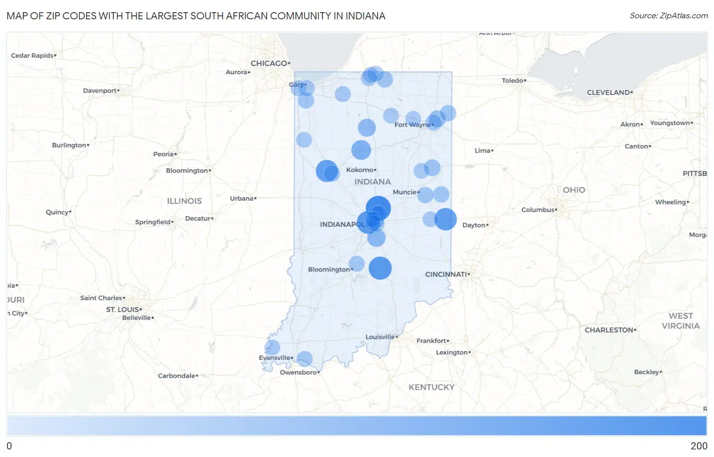 Zip Codes with the Largest South African Community in Indiana Map