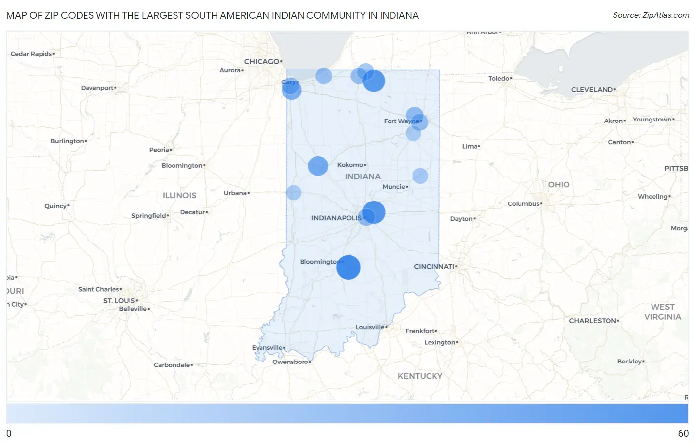 Zip Codes with the Largest South American Indian Community in Indiana Map