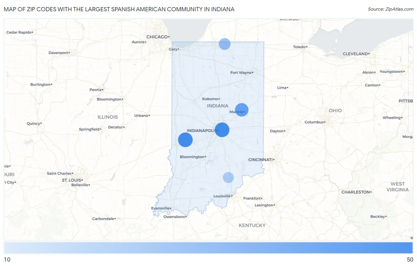 Zip Codes with the Largest Spanish American Community in Indiana Map