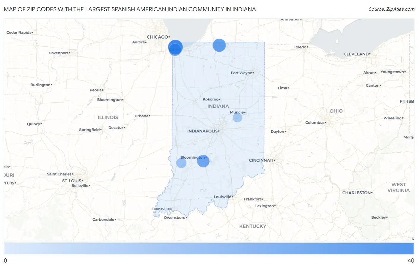 Zip Codes with the Largest Spanish American Indian Community in Indiana Map