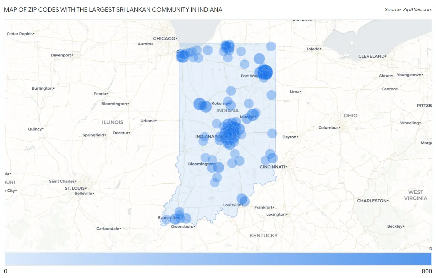 Zip Codes with the Largest Sri Lankan Community in Indiana Map