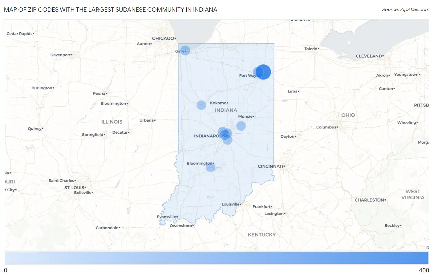 Zip Codes with the Largest Sudanese Community in Indiana Map
