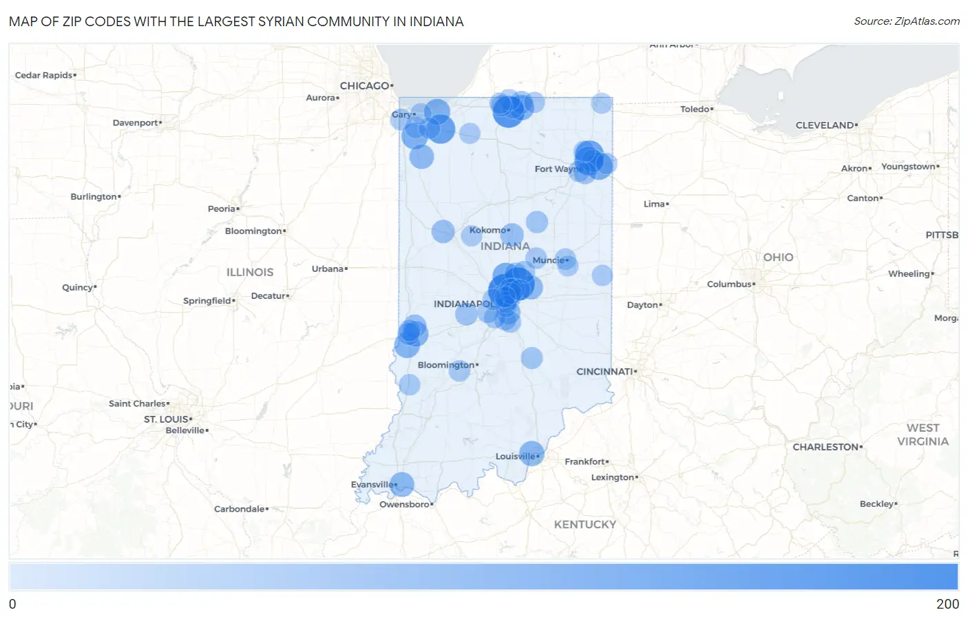 Zip Codes with the Largest Syrian Community in Indiana Map