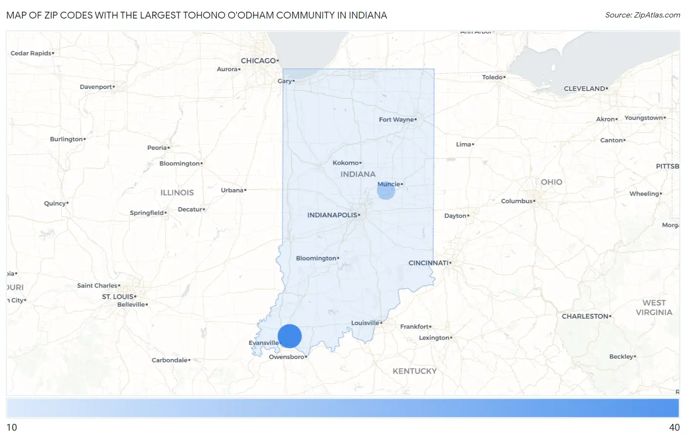 Zip Codes with the Largest Tohono O'Odham Community in Indiana Map