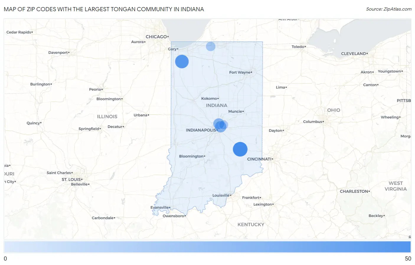 Zip Codes with the Largest Tongan Community in Indiana Map