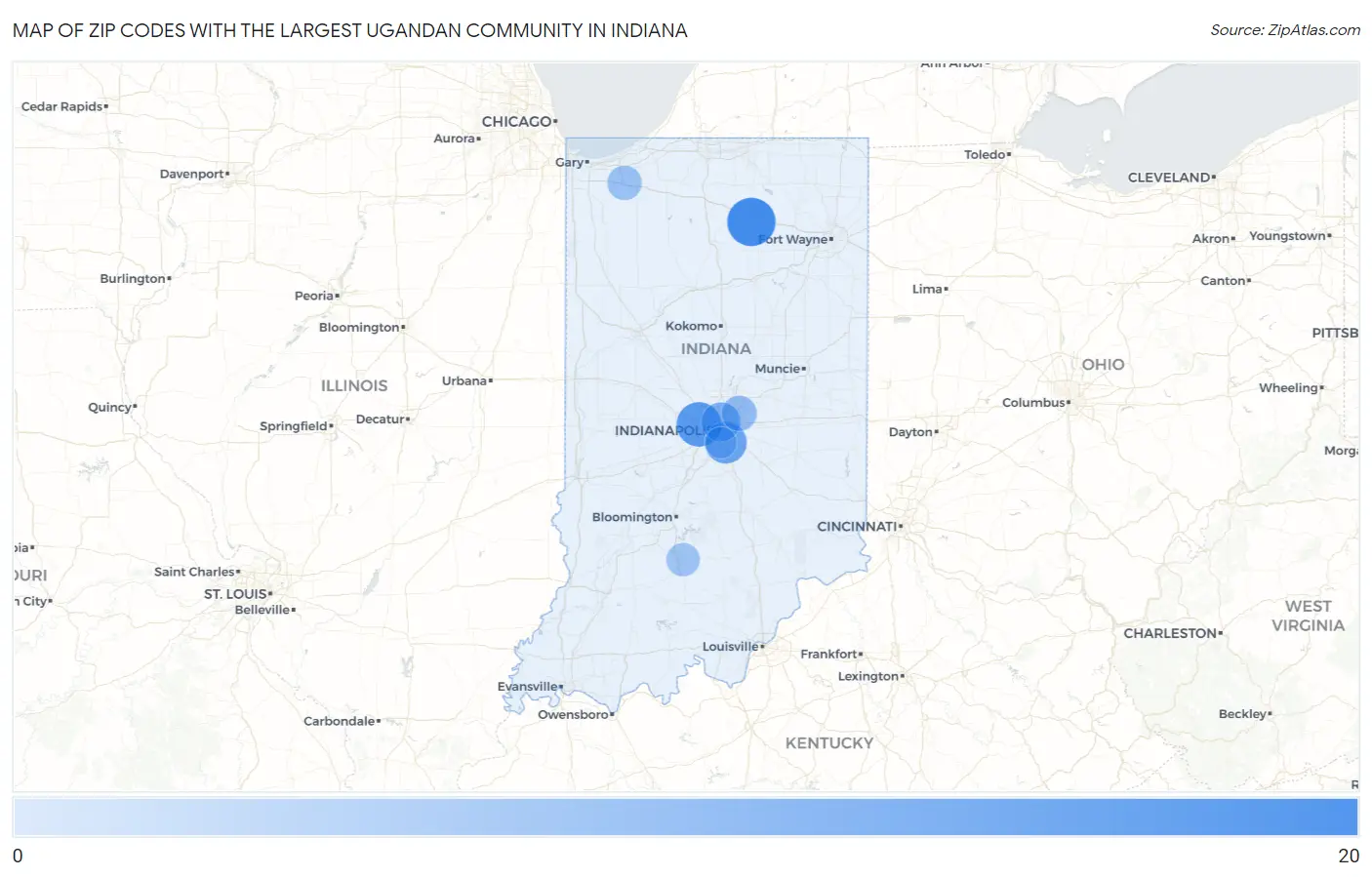 Zip Codes with the Largest Ugandan Community in Indiana Map