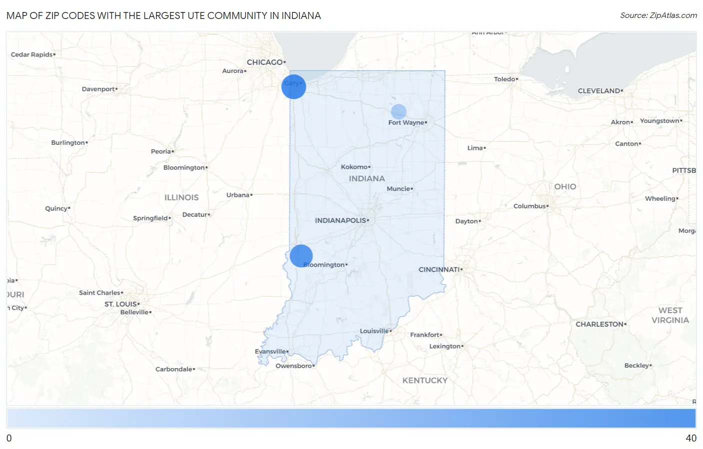 Zip Codes with the Largest Ute Community in Indiana Map