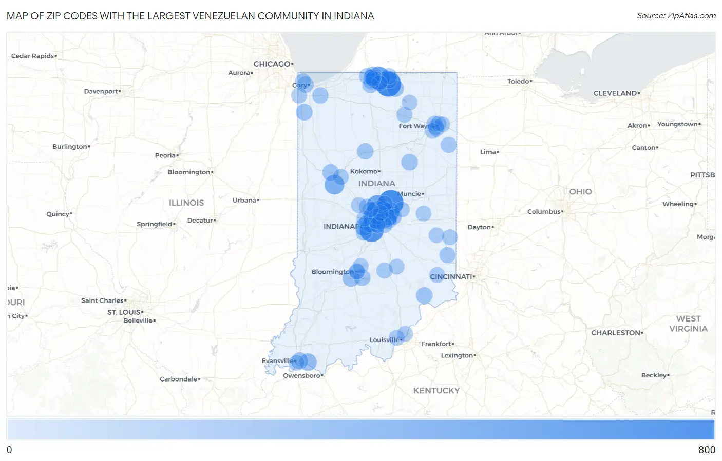 Zip Codes with the Largest Venezuelan Community in Indiana Map