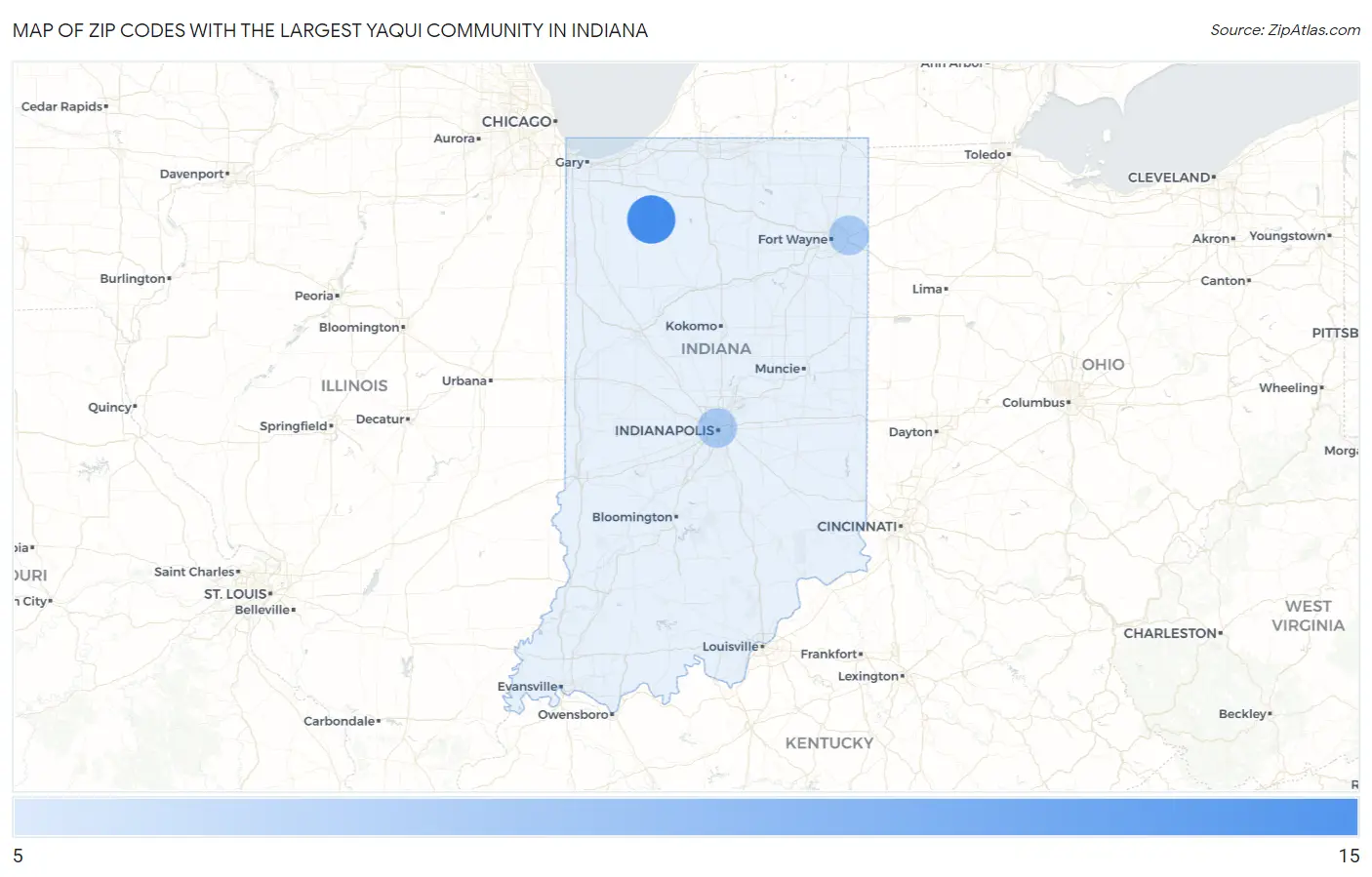 Zip Codes with the Largest Yaqui Community in Indiana Map