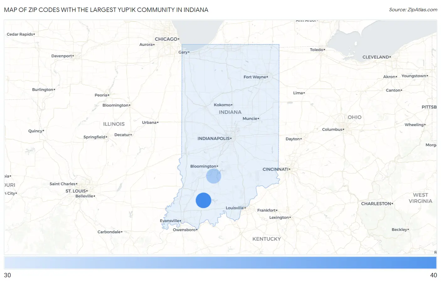 Zip Codes with the Largest Yup'ik Community in Indiana Map