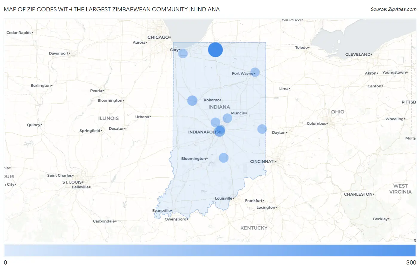 Zip Codes with the Largest Zimbabwean Community in Indiana Map