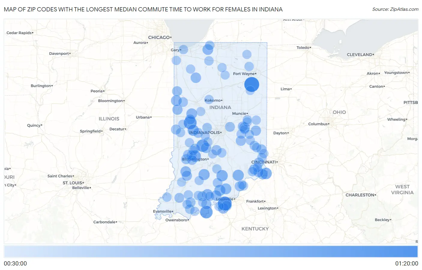 Zip Codes with the Longest Median Commute Time to Work for Females in Indiana Map