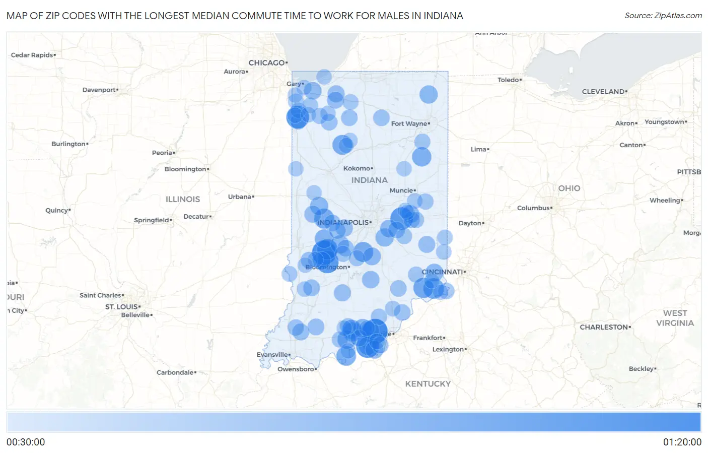 Zip Codes with the Longest Median Commute Time to Work for Males in Indiana Map