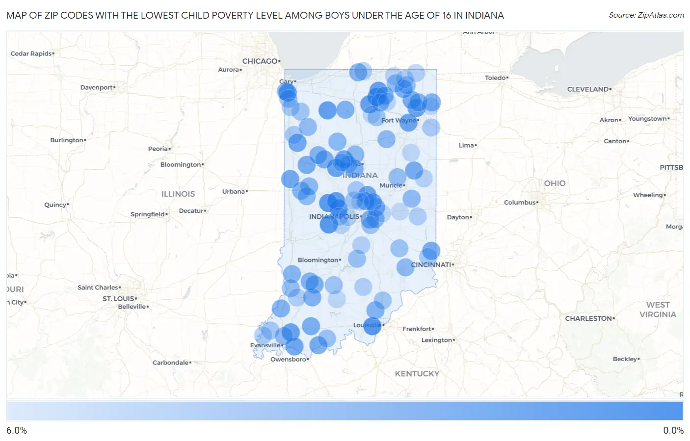 Zip Codes with the Lowest Child Poverty Level Among Boys Under the Age of 16 in Indiana Map