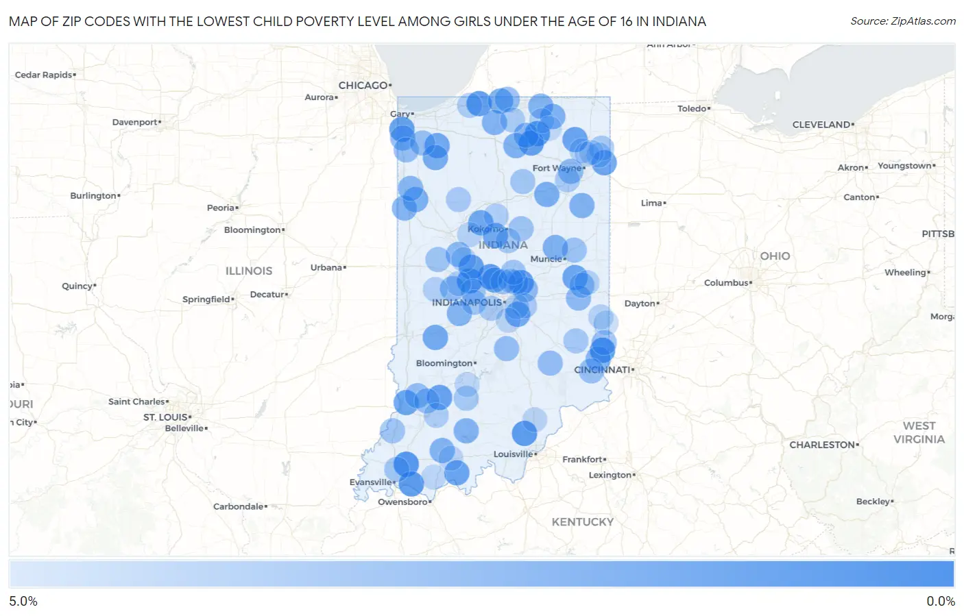 Zip Codes with the Lowest Child Poverty Level Among Girls Under the Age of 16 in Indiana Map