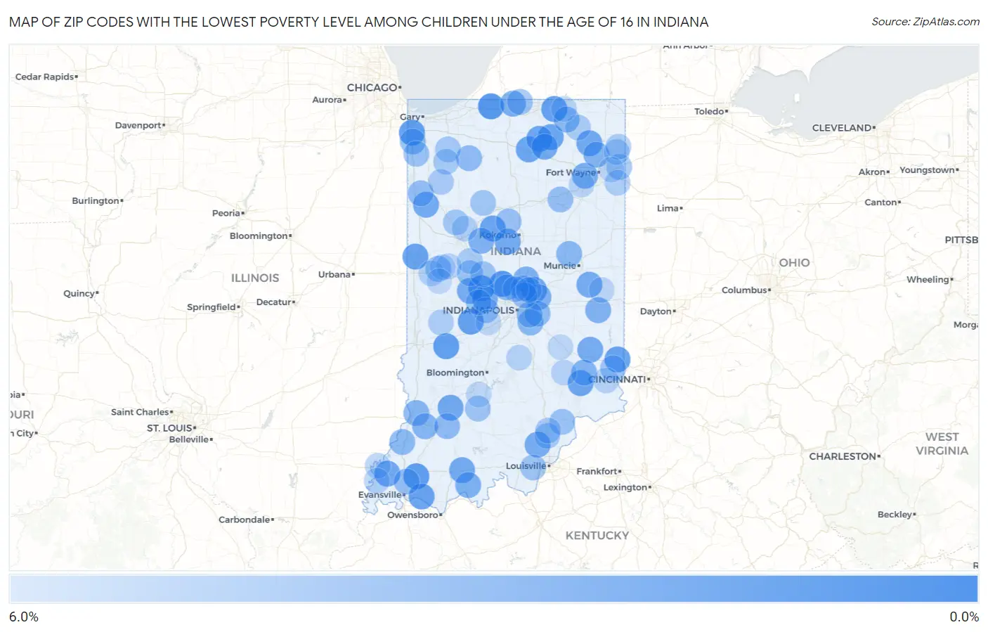 Zip Codes with the Lowest Poverty Level Among Children Under the Age of 16 in Indiana Map