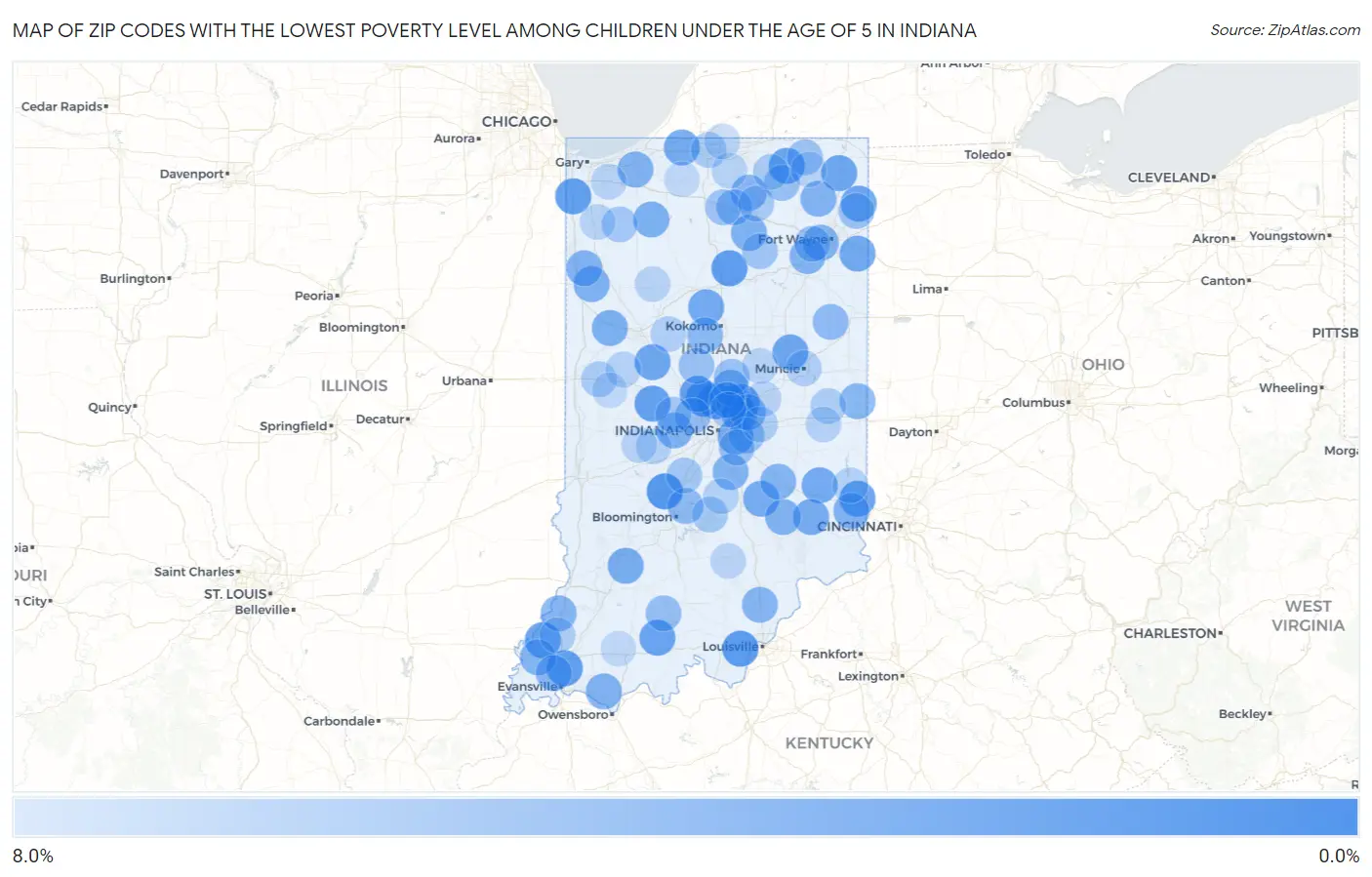 Zip Codes with the Lowest Poverty Level Among Children Under the Age of 5 in Indiana Map