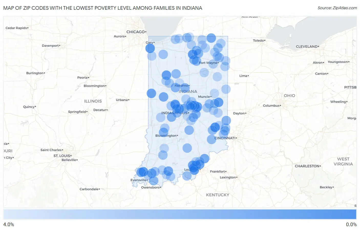 Zip Codes with the Lowest Poverty Level Among Families in Indiana Map
