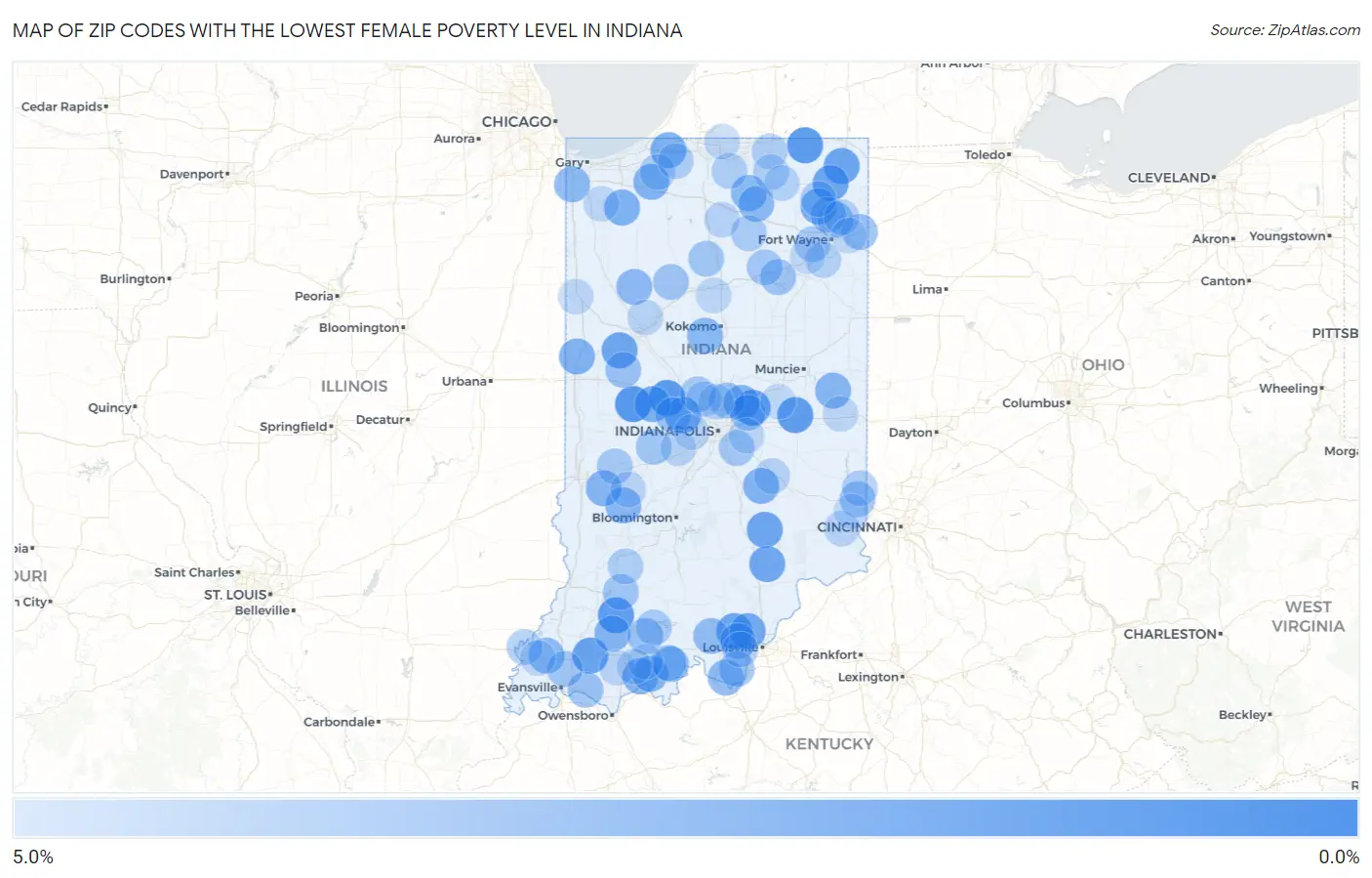 Zip Codes with the Lowest Female Poverty Level in Indiana Map