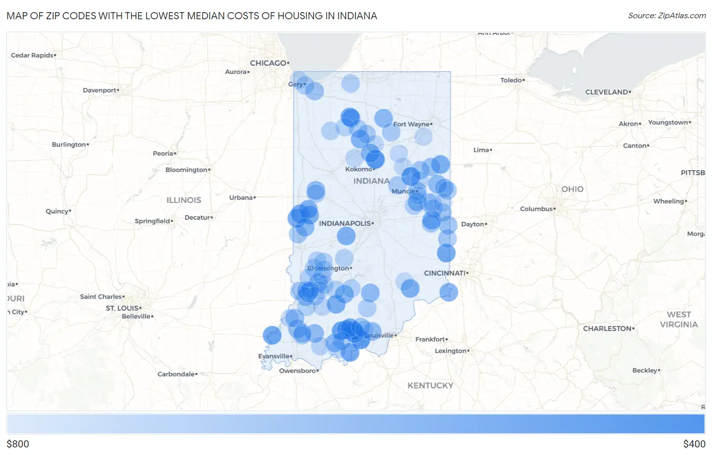 Zip Codes with the Lowest Median Costs of Housing in Indiana Map