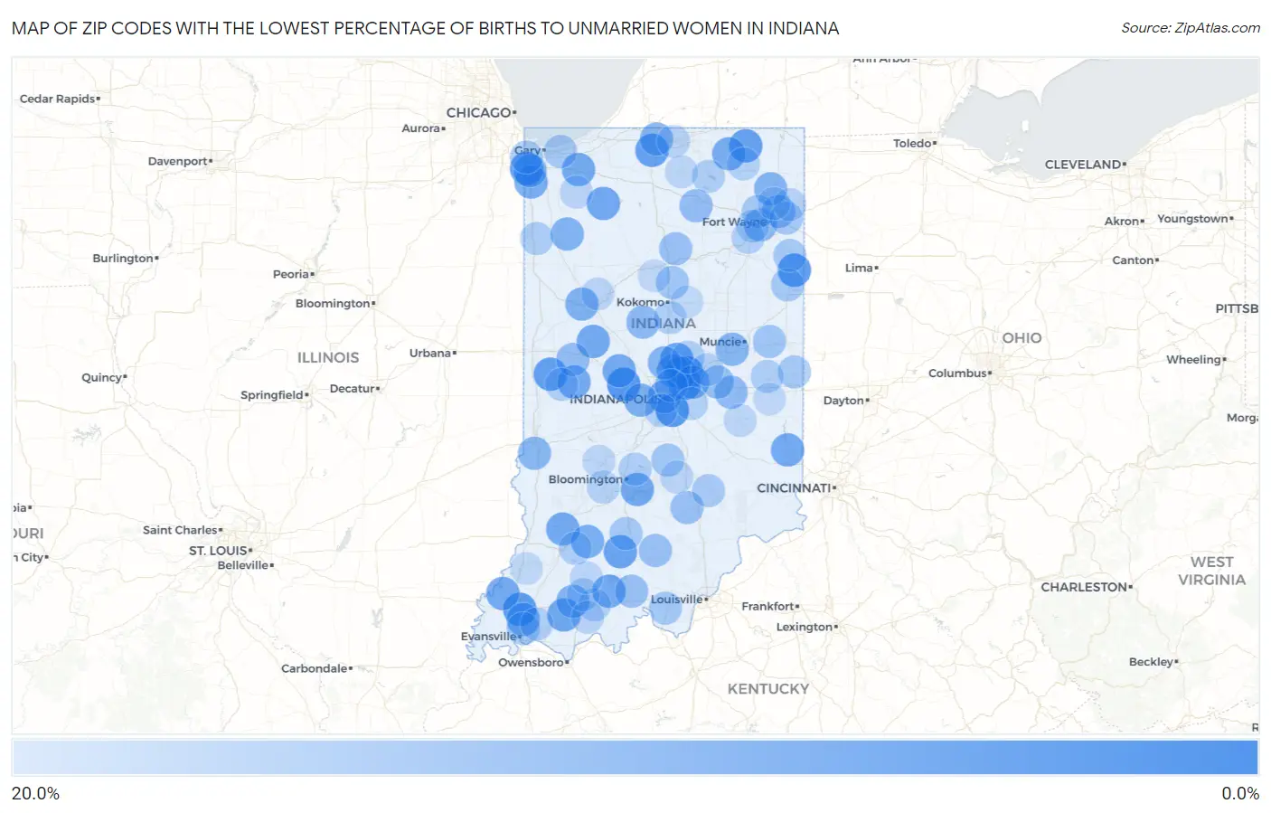 Zip Codes with the Lowest Percentage of Births to Unmarried Women in Indiana Map