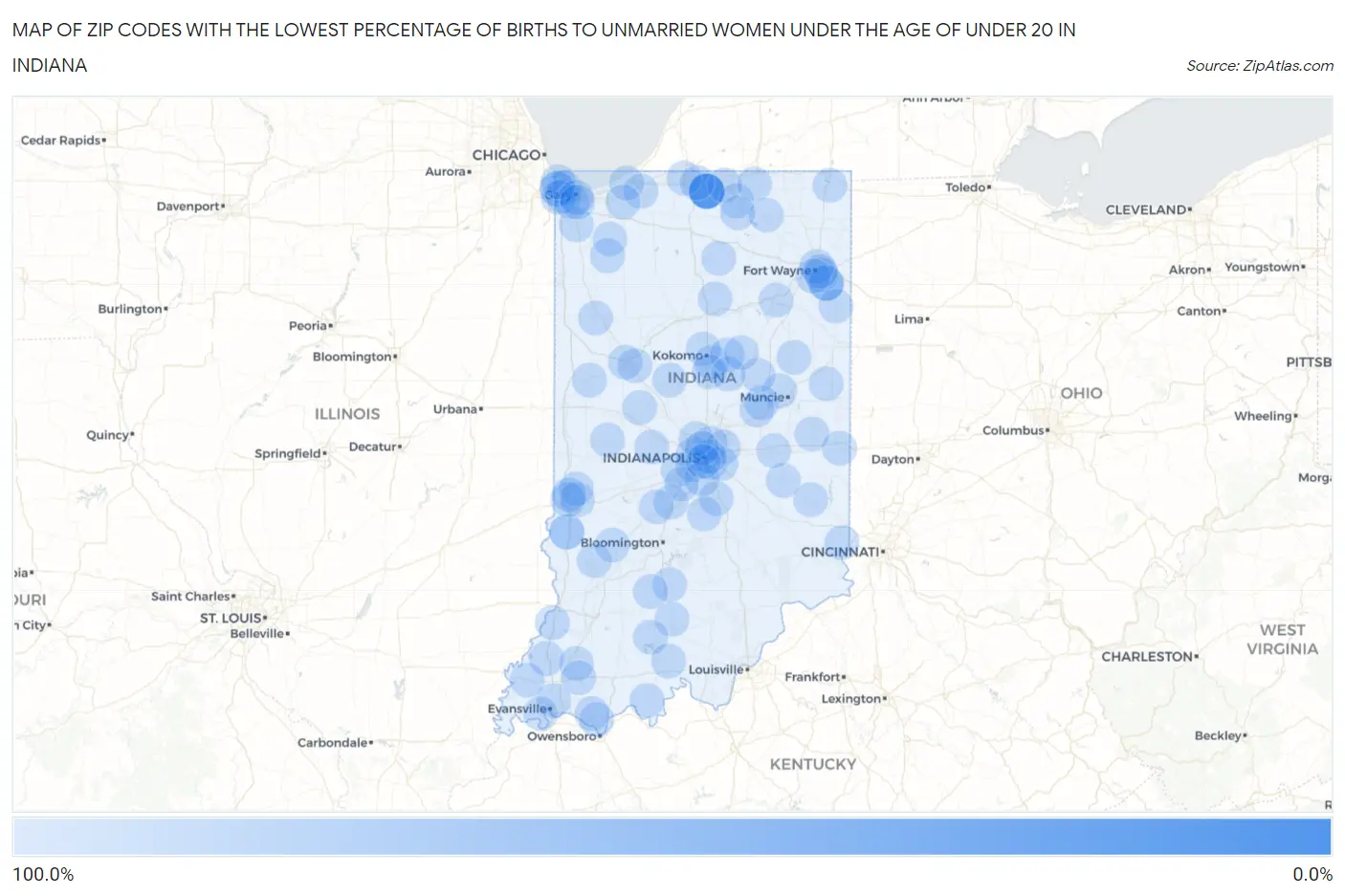 Zip Codes with the Lowest Percentage of Births to Unmarried Women under the Age of under 20 in Indiana Map