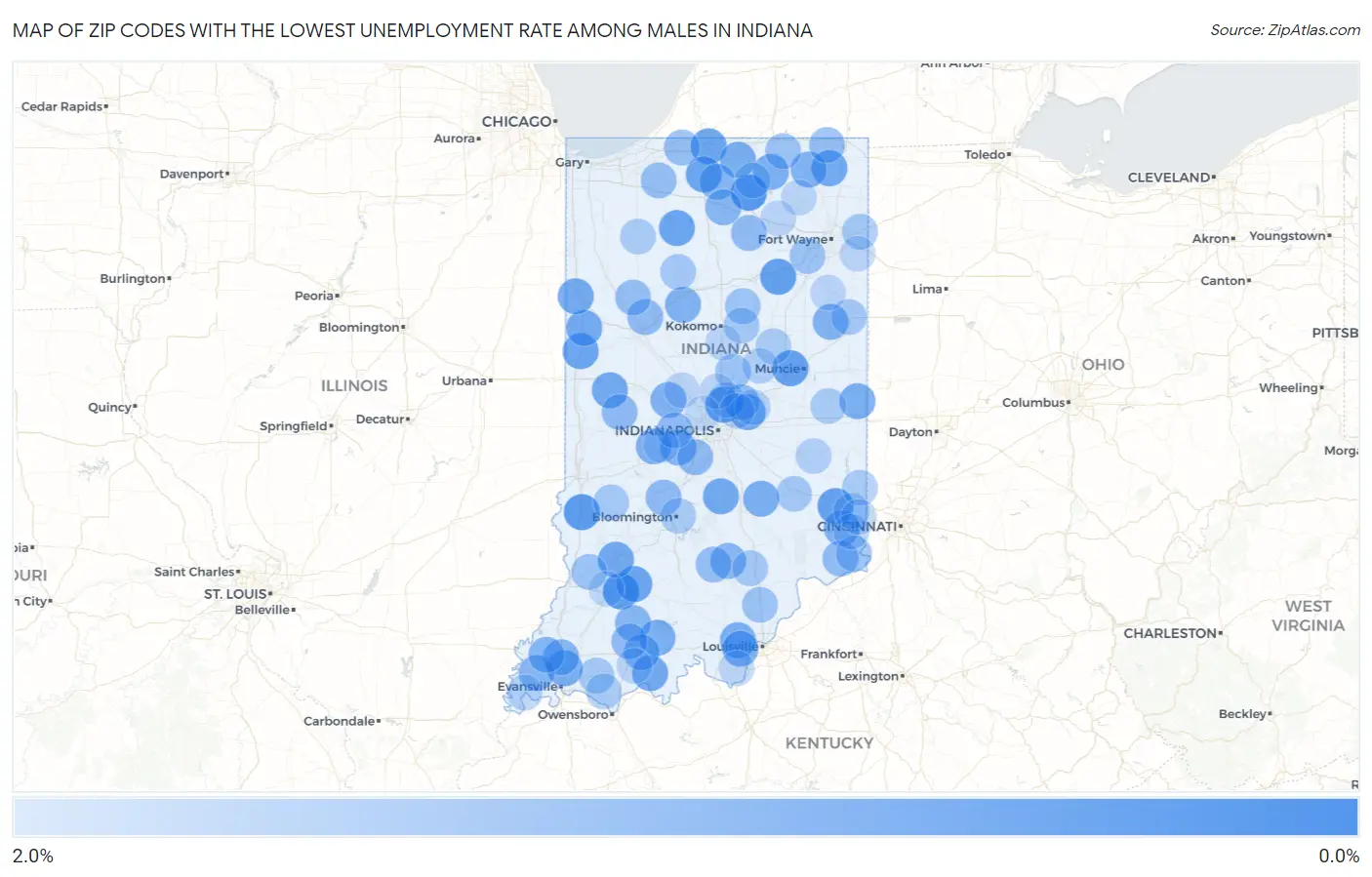 Zip Codes with the Lowest Unemployment Rate Among Males in Indiana Map