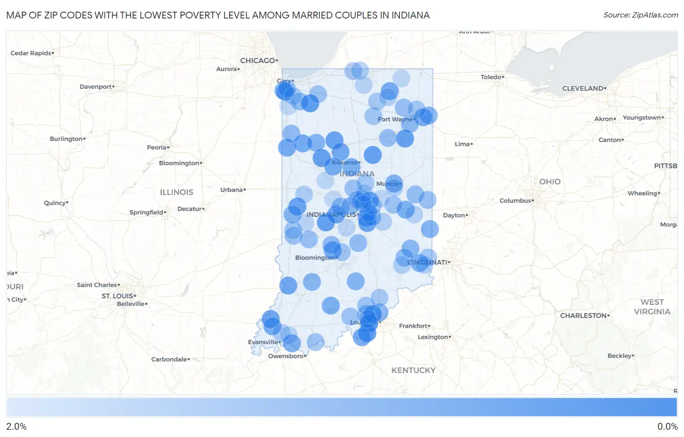 Zip Codes with the Lowest Poverty Level Among Married Couples in Indiana Map