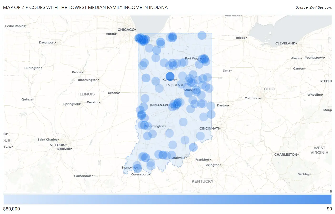 Zip Codes with the Lowest Median Family Income in Indiana Map