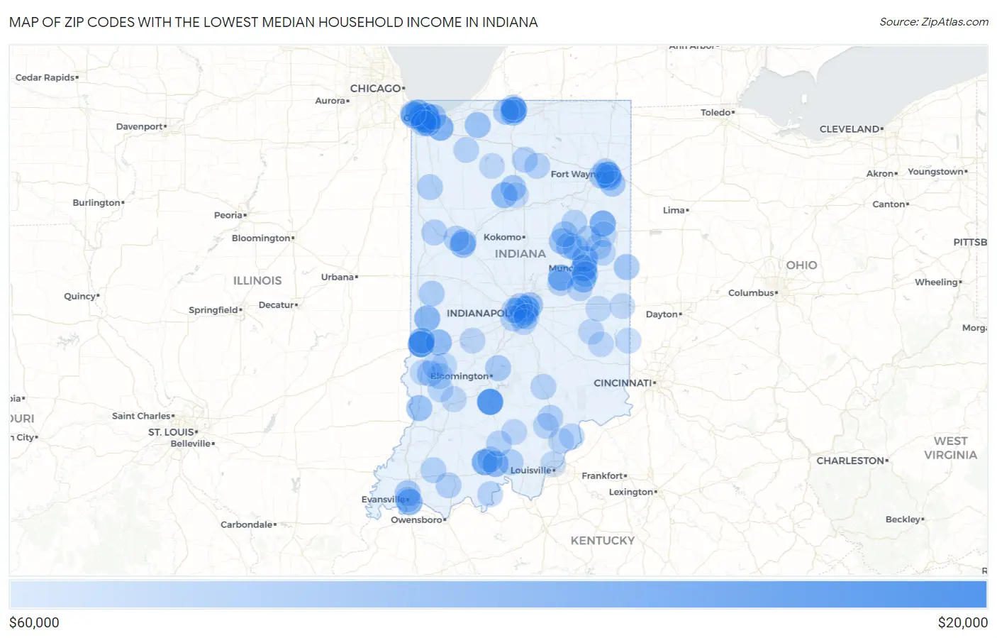 Zip Codes with the Lowest Median Household Income in Indiana Map