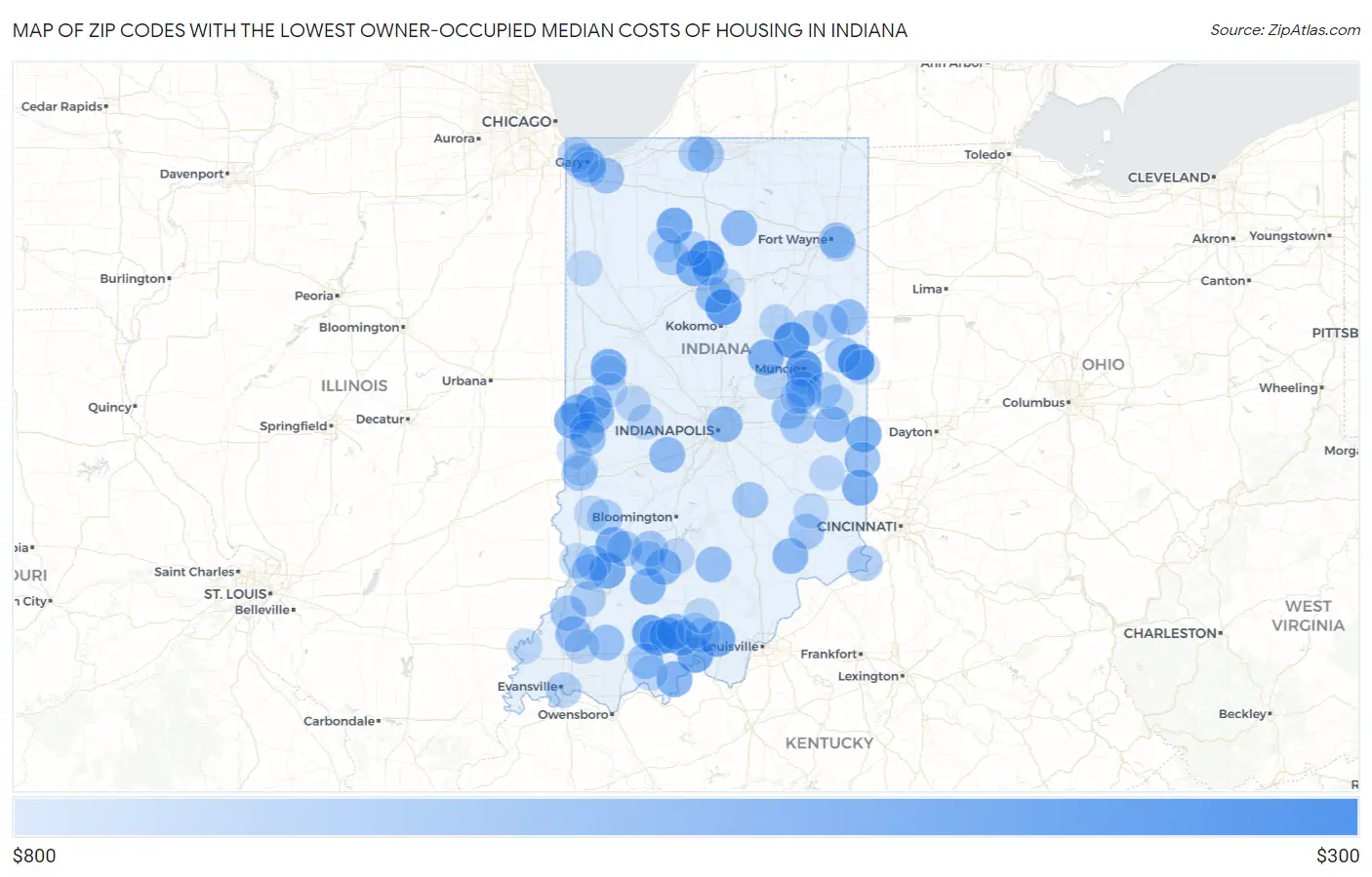 Zip Codes with the Lowest Owner-Occupied Median Costs of Housing in Indiana Map
