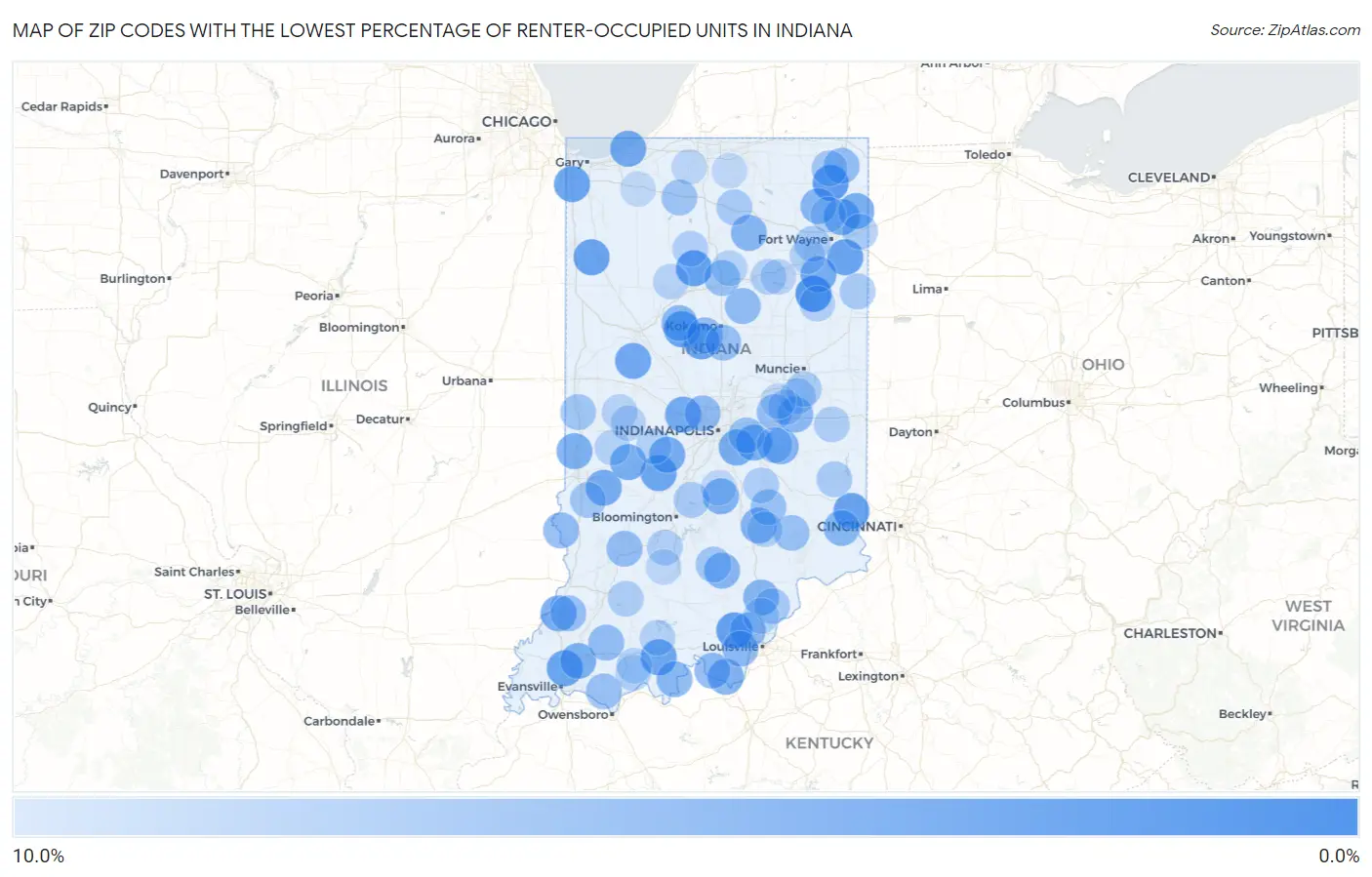 Zip Codes with the Lowest Percentage of Renter-Occupied Units in Indiana Map