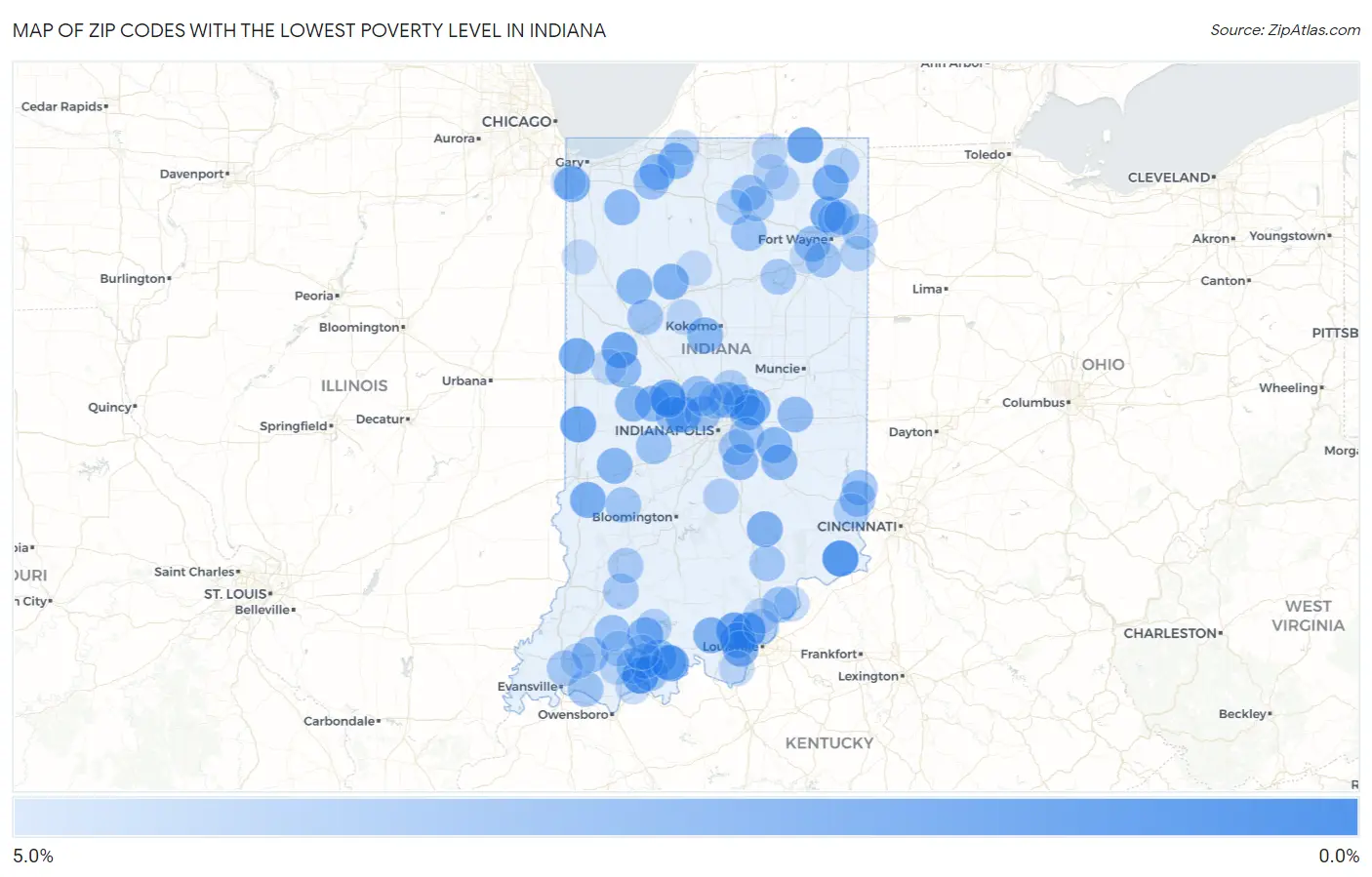 Zip Codes with the Lowest Poverty Level in Indiana Map