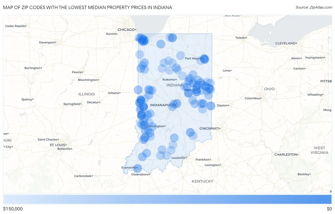 Zip Codes with the Lowest Median Property Prices in Indiana Map