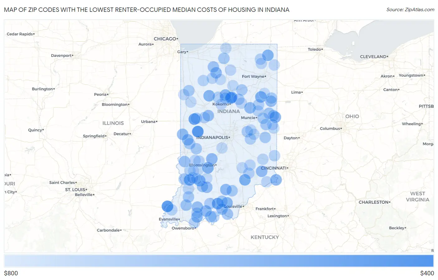 Zip Codes with the Lowest Renter-Occupied Median Costs of Housing in Indiana Map