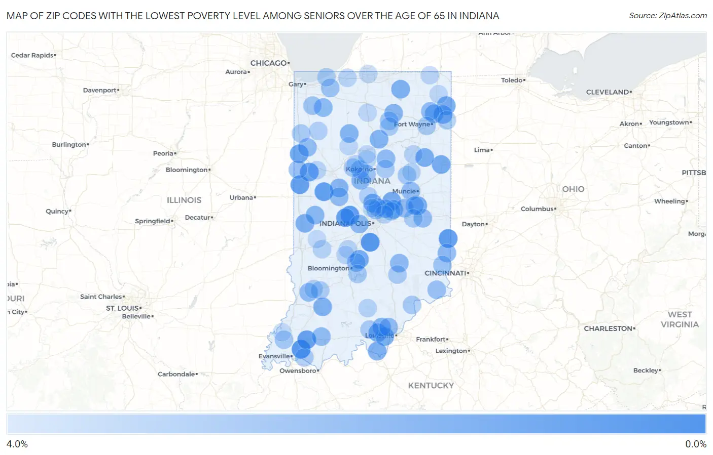 Zip Codes with the Lowest Poverty Level Among Seniors Over the Age of 65 in Indiana Map