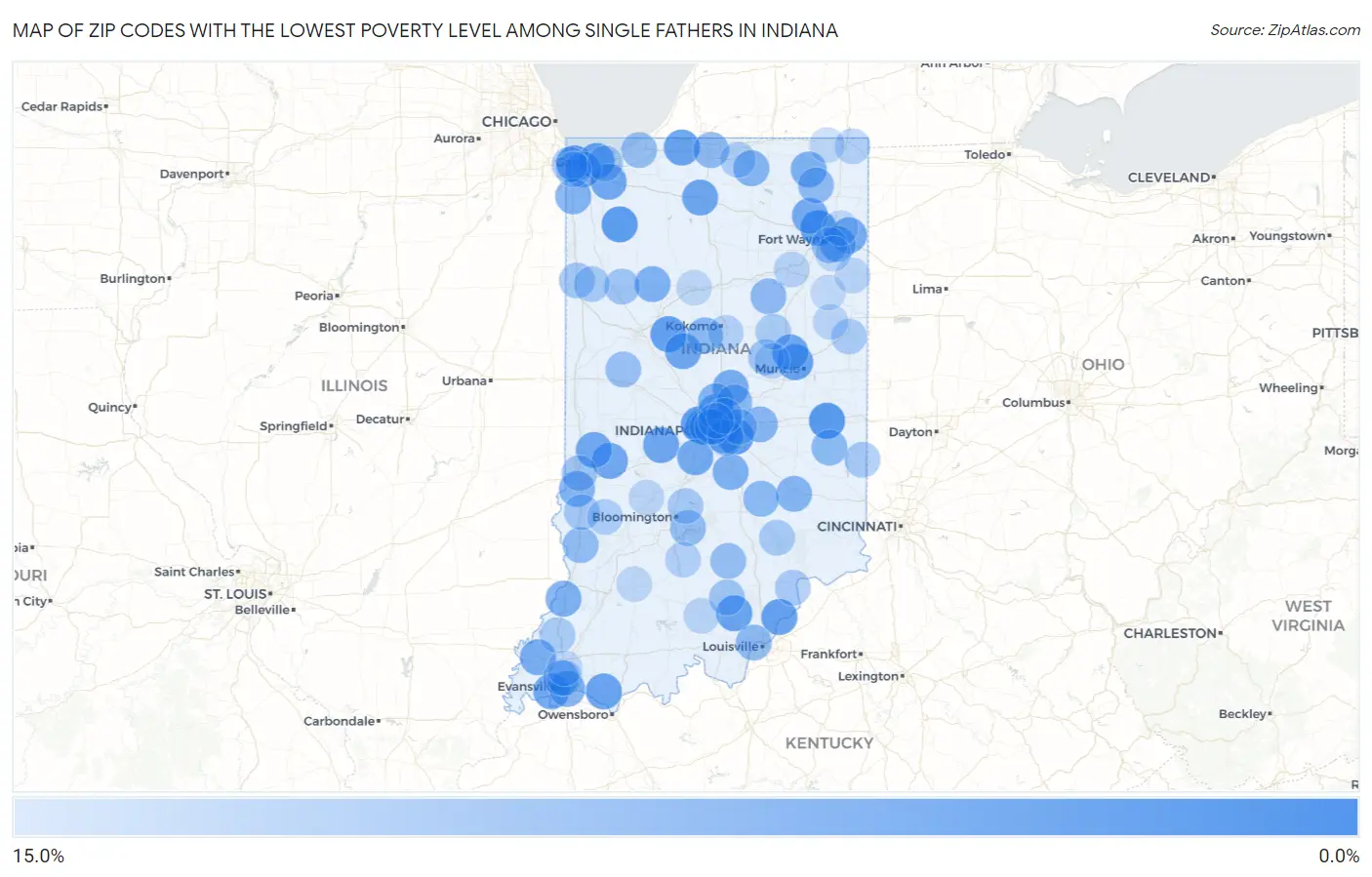 Zip Codes with the Lowest Poverty Level Among Single Fathers in Indiana Map