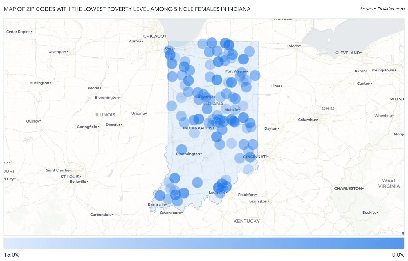 Zip Codes with the Lowest Poverty Level Among Single Females in Indiana Map