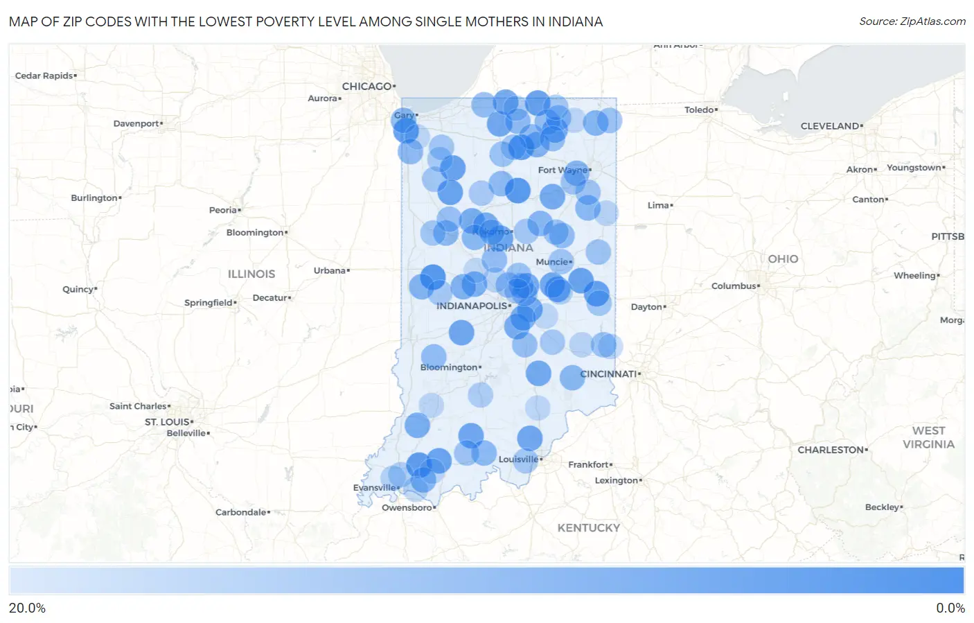 Zip Codes with the Lowest Poverty Level Among Single Mothers in Indiana Map