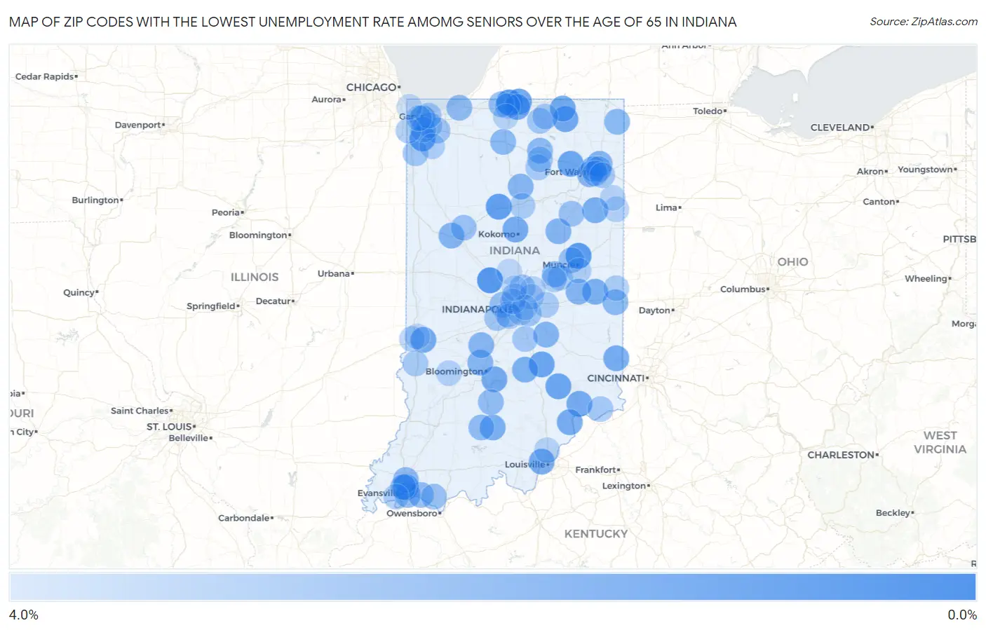 Zip Codes with the Lowest Unemployment Rate Amomg Seniors Over the Age of 65 in Indiana Map
