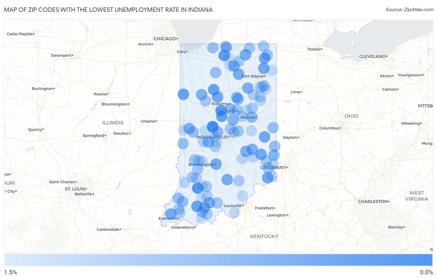 Zip Codes with the Lowest Unemployment Rate in Indiana Map