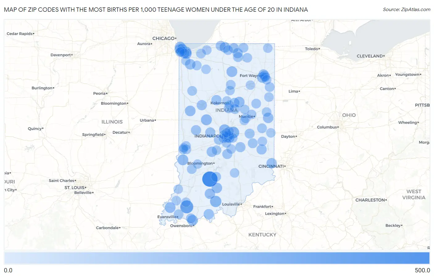 Zip Codes with the Most Births per 1,000 Teenage Women Under the Age of 20 in Indiana Map