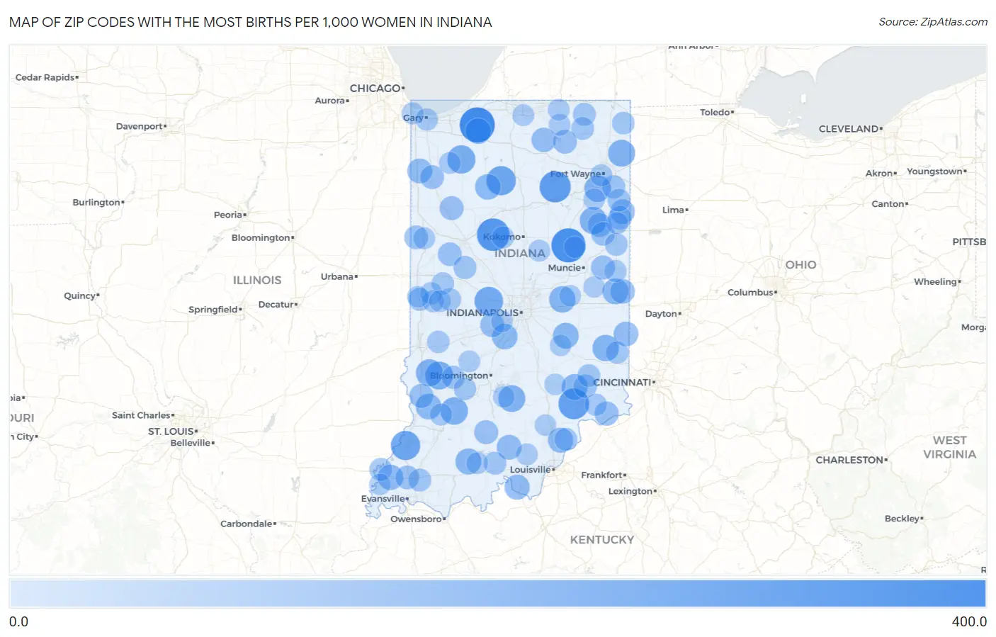 Zip Codes with the Most Births per 1,000 Women in Indiana Map