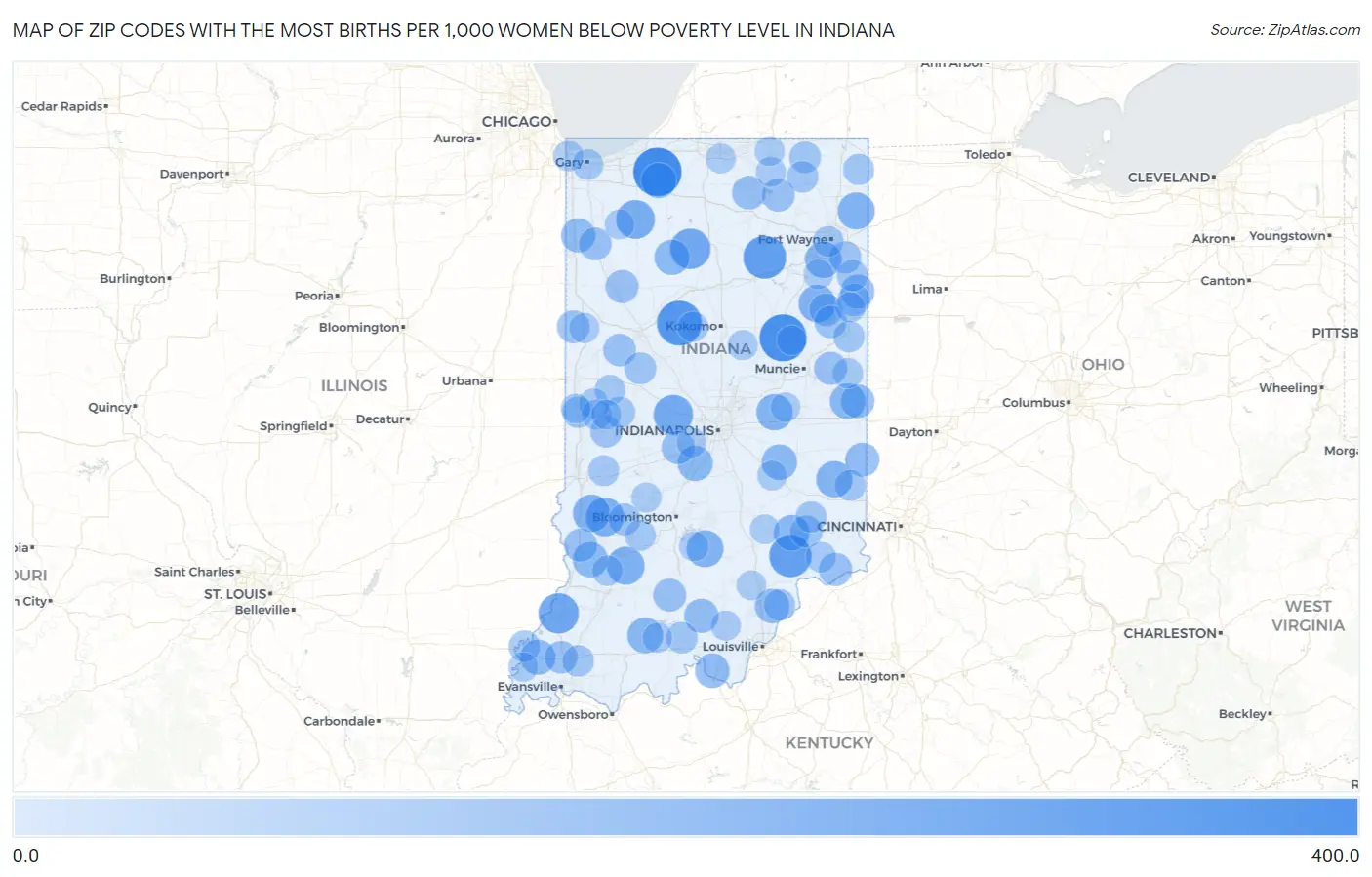 Zip Codes with the Most Births per 1,000 Women Below Poverty Level in Indiana Map