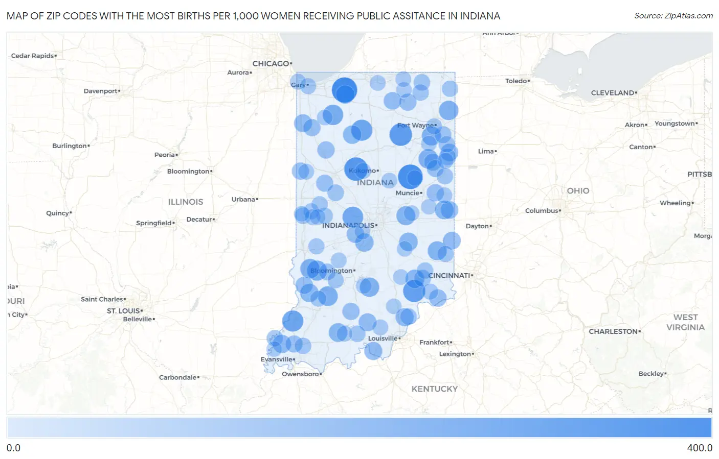 Zip Codes with the Most Births per 1,000 Women Receiving Public Assitance in Indiana Map