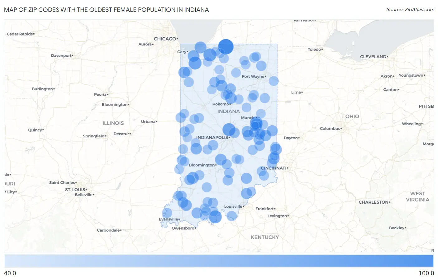 Zip Codes with the Oldest Female Population in Indiana Map