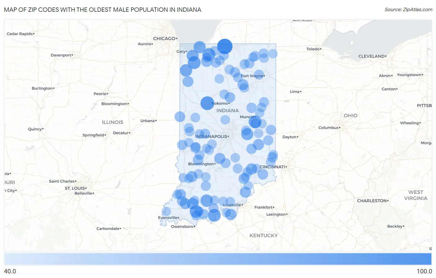 Zip Codes with the Oldest Male Population in Indiana Map