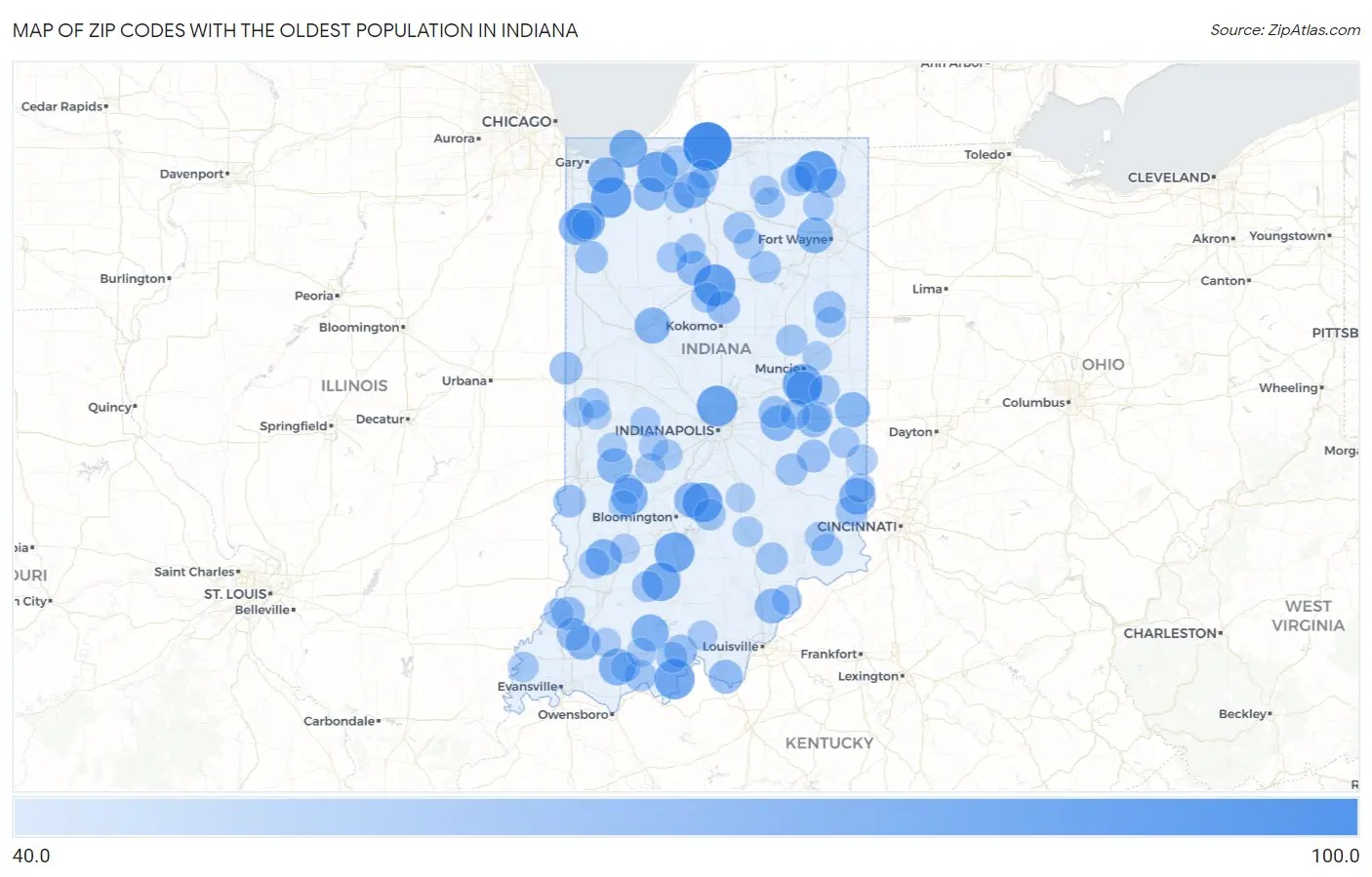 Zip Codes with the Oldest Population in Indiana Map