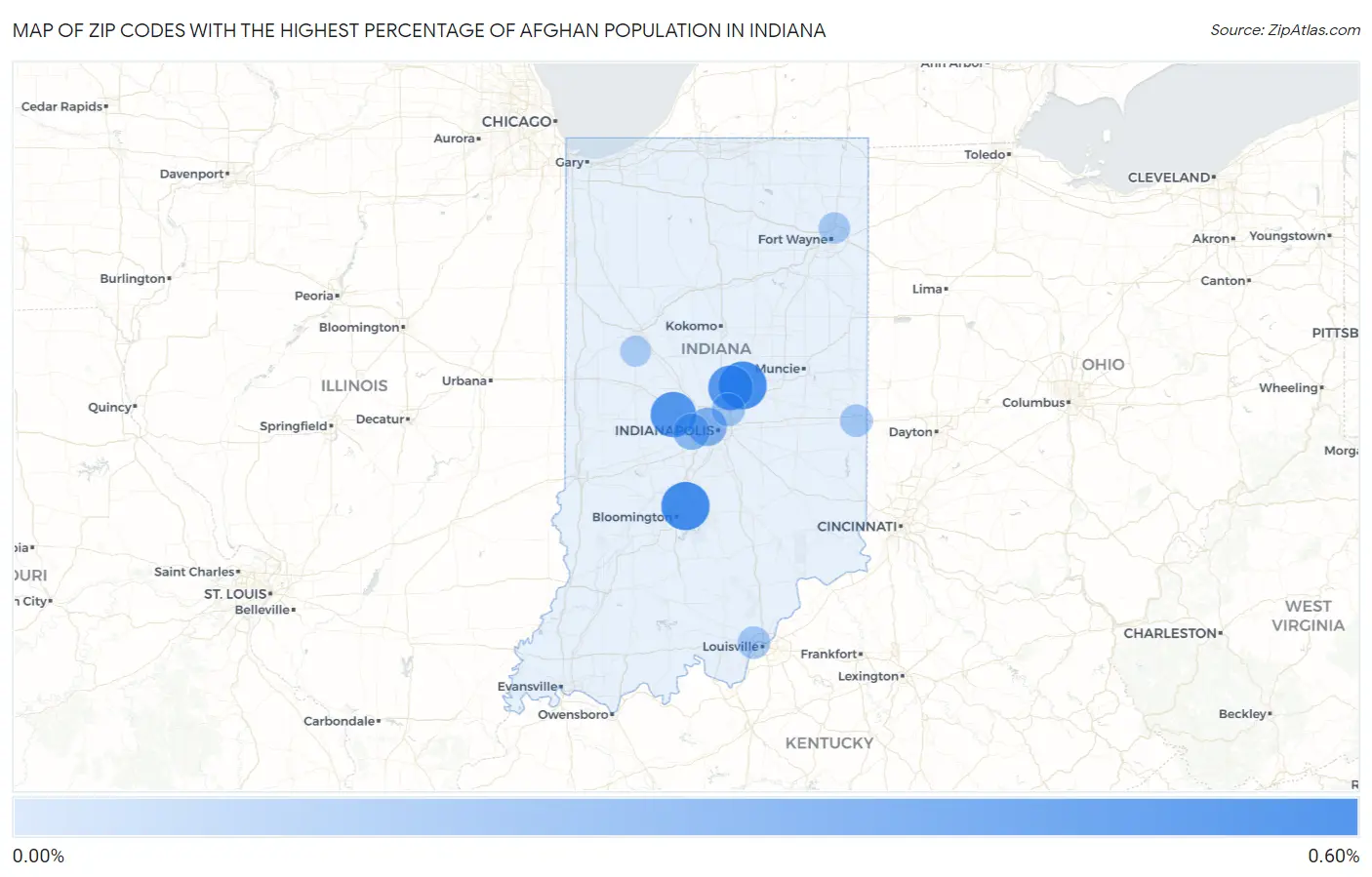 Zip Codes with the Highest Percentage of Afghan Population in Indiana Map