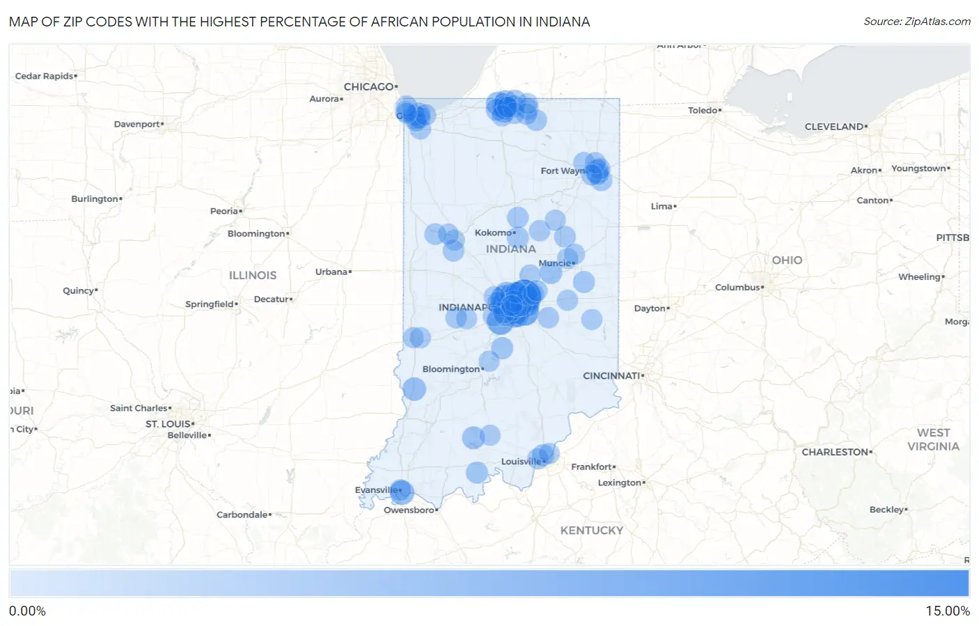 Zip Codes with the Highest Percentage of African Population in Indiana Map